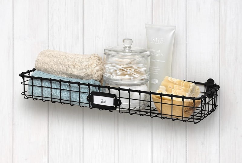 Spectrum Long Wall Mounted Wire Basket Tray with Label Plate in Matte Black, Modern Wire Basket Wall Mount Organizer for Pantry Kitchen Bathroom Closet Storage Sleek Open Steel Tray Bin - Image 2